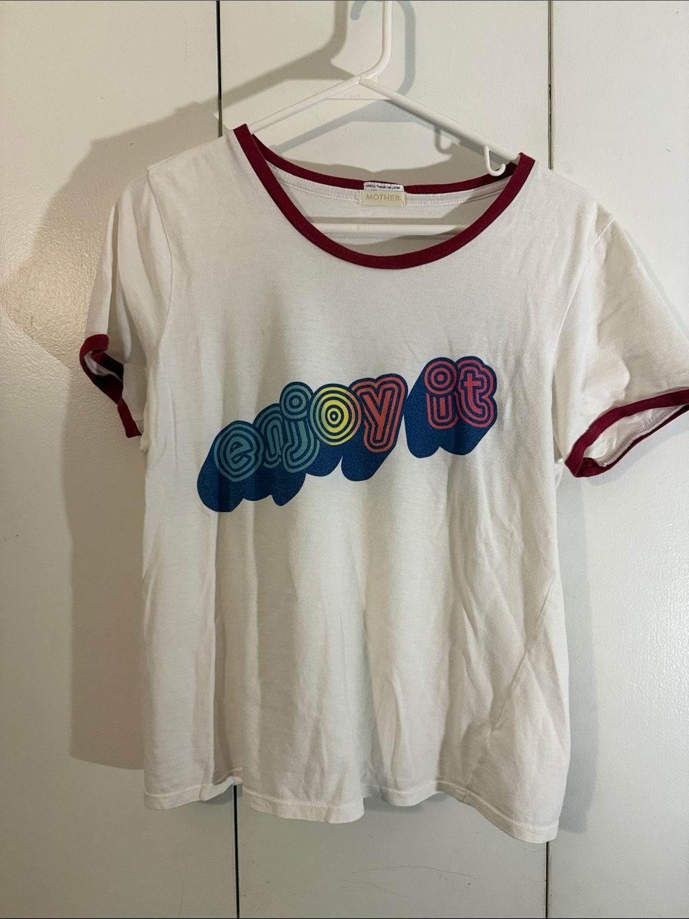 MOTHER White Ringer Tee with red Trim and Multicolor 'enjoy it' Graphic